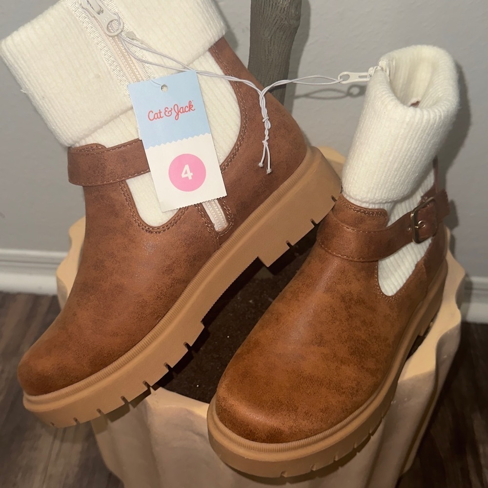 Cat & Jack Tan Kids Boots with Cream Accents